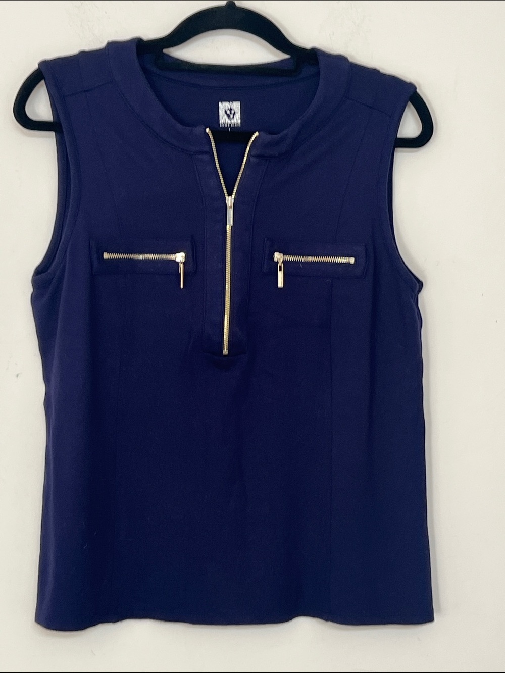 🌞 Anne Klein Blue Sleeveless Gold Hardware zip up top w/zip pockets women L